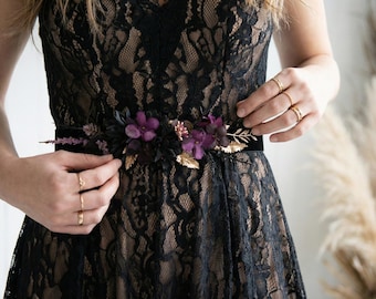 Black Velvet Floral Wedding Belt, Gothic Bridal Accessory