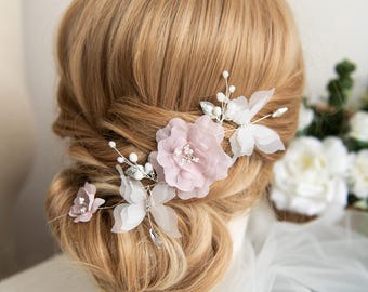 Blush Pink Chiffon Flower Hair Pins, Bridal Headpiece, Romantic Wedding Jewelry (Set of 2)