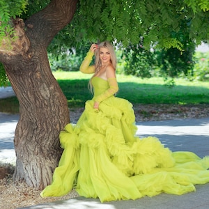 Olive Green Non Traditional Wedding Dress, Voluminous Corset Tulle Gown with Train and Matching Gloves, Editorial Photoshoot Dress, Prom image 4