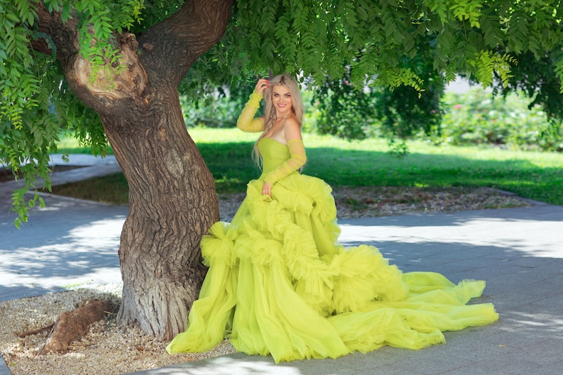 Olive Green Non Traditional Wedding Dress, Voluminous Corset Tulle Gown with Train and Matching Gloves, Editorial Photoshoot Dress, Prom image 4