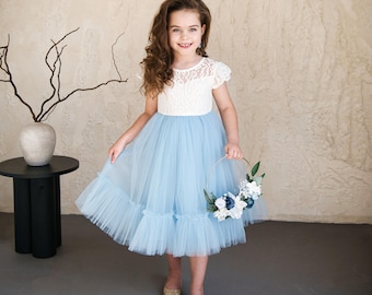 Vestido de niña de flores azul bebé, vestido de fiesta de encaje y tul para niñas