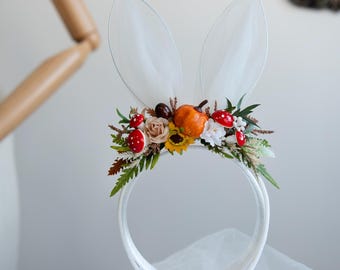 Woodland Bunny Ears Headband: Autumn Floral Crown for First Birthday Photo Prop