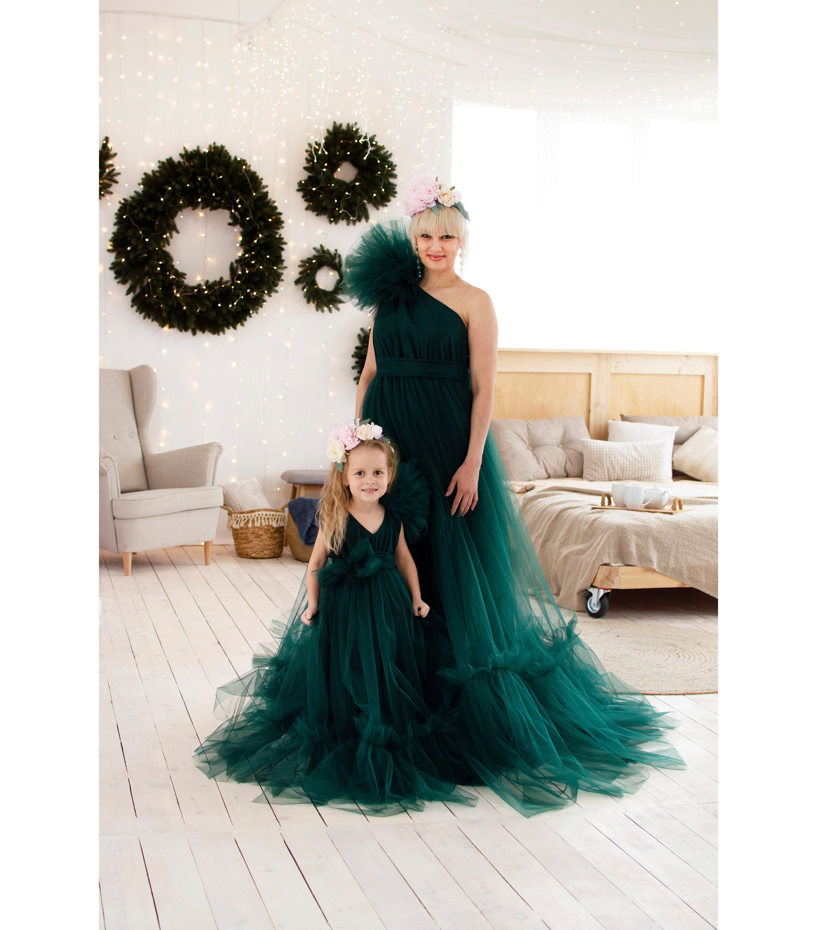 Emerald Green Mommy and Me Dress, One Shoulder Tulle Outfit, Matching Mother Daughter Gown