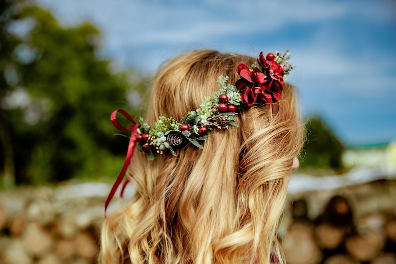 Winter hair crown Winter hair wreath Winter bridal crown Winter wedding crown Woodland hair crown Forest crown Red hair wreath Woodland image 4