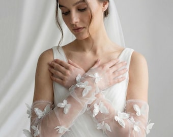 3D Butterfly Bridal Gloves, Sheer Tulle Fingerless Wedding Sleeves, Custom Size