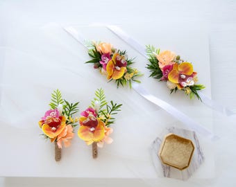 Tropical Orchid Corsage Bracelet, Groomsmen Boutonniere, Sunset Orange Wedding Flowers