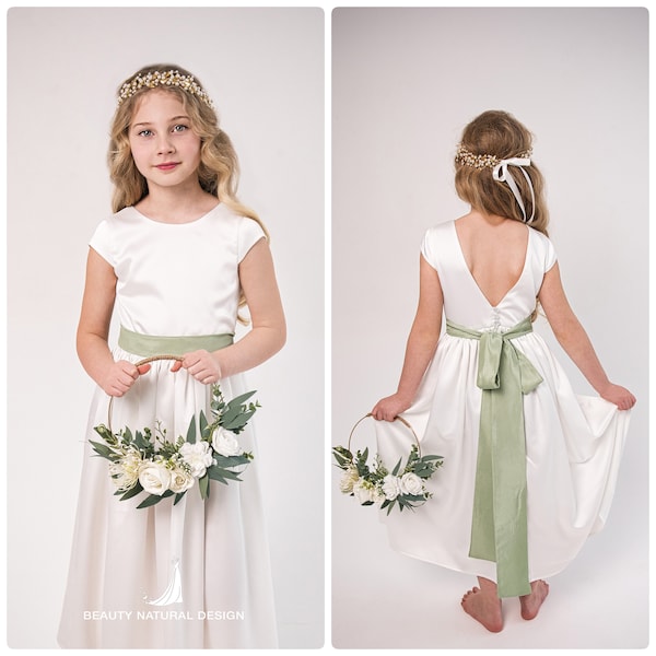 Satin Flower Girl Dress with Sage Green Belt, Wedding Flower girl dress, Special Occasion Dress