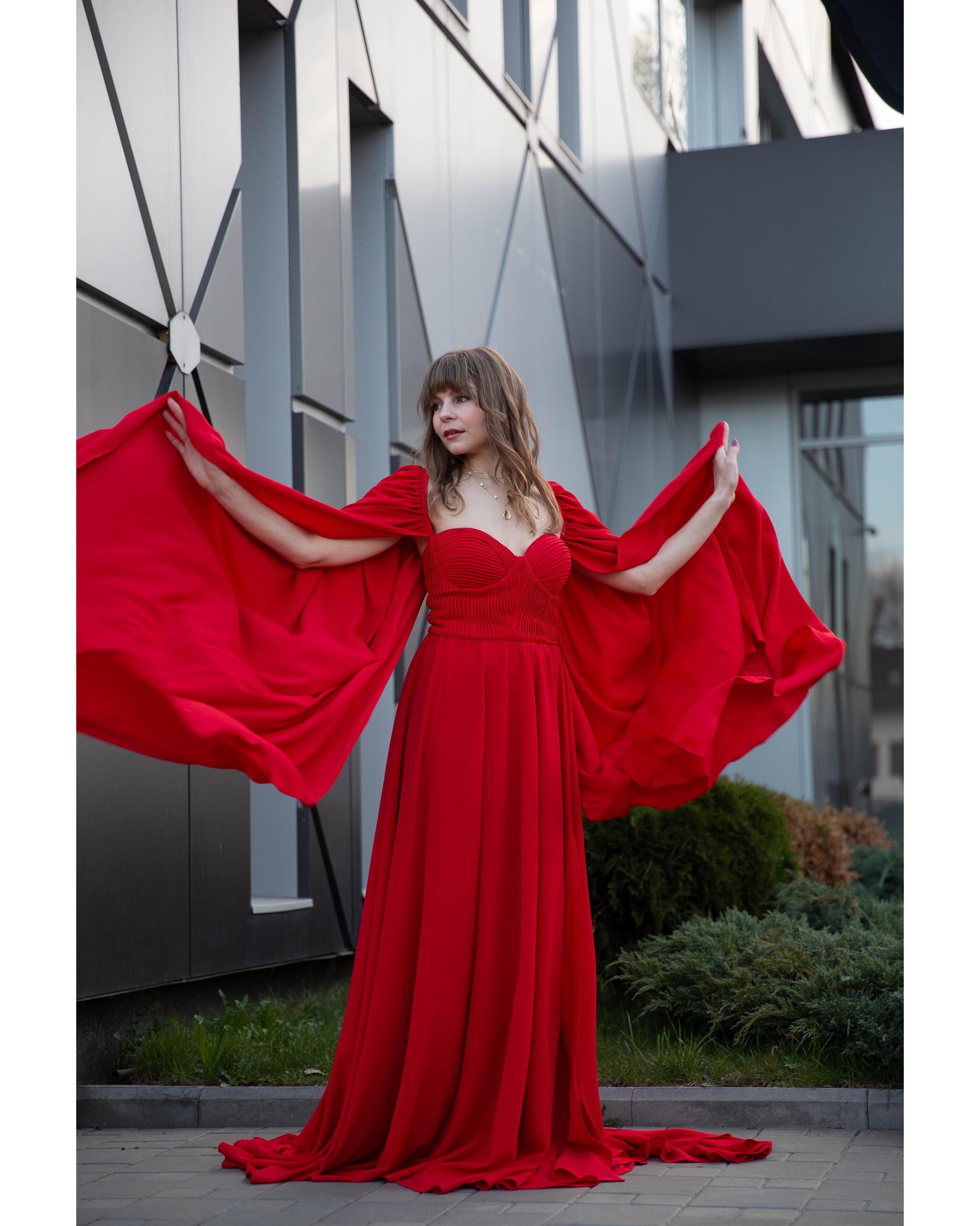 Red Bohemian Gown: Crepe Evening Dress with Batwing