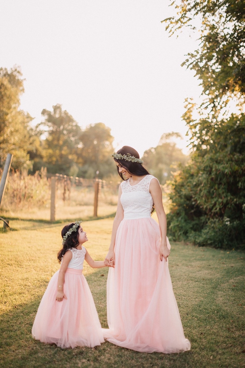Blush pink Mother Daughter Matching Tutu Lace Dresses, Tulle Dress Long Floor length, Blush Pink Lace Dress, Rustic Girl Dress 