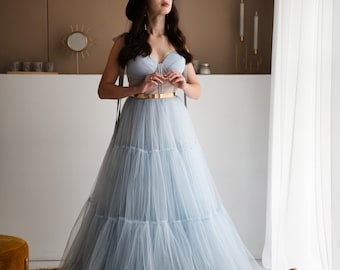 dusty blue tulle wedding dress Dusty Blue Tulle Wedding Dress with Removable Lace Top – loveangeldress main image 1