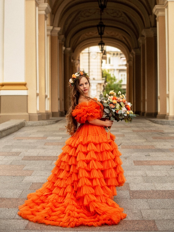 Orange Tulle Dress: Ruffled Ball Gown, Photoshoot Dress Orange Tulle Dress: Ruffled Ball Gown, Photoshoot Dress