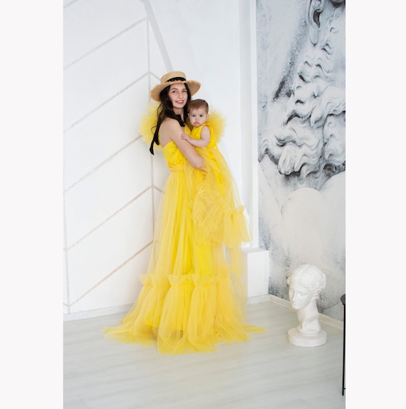 Yellow mommy and me dress Matching Long dress Fluffy tulle dress Family outfits Mother daughter dress Matching Long Dresses Maternity dress