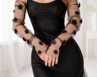 Black Tulle Gloves with Chiffon Flowers, Gothic Bridal Sleeves, Custom Size