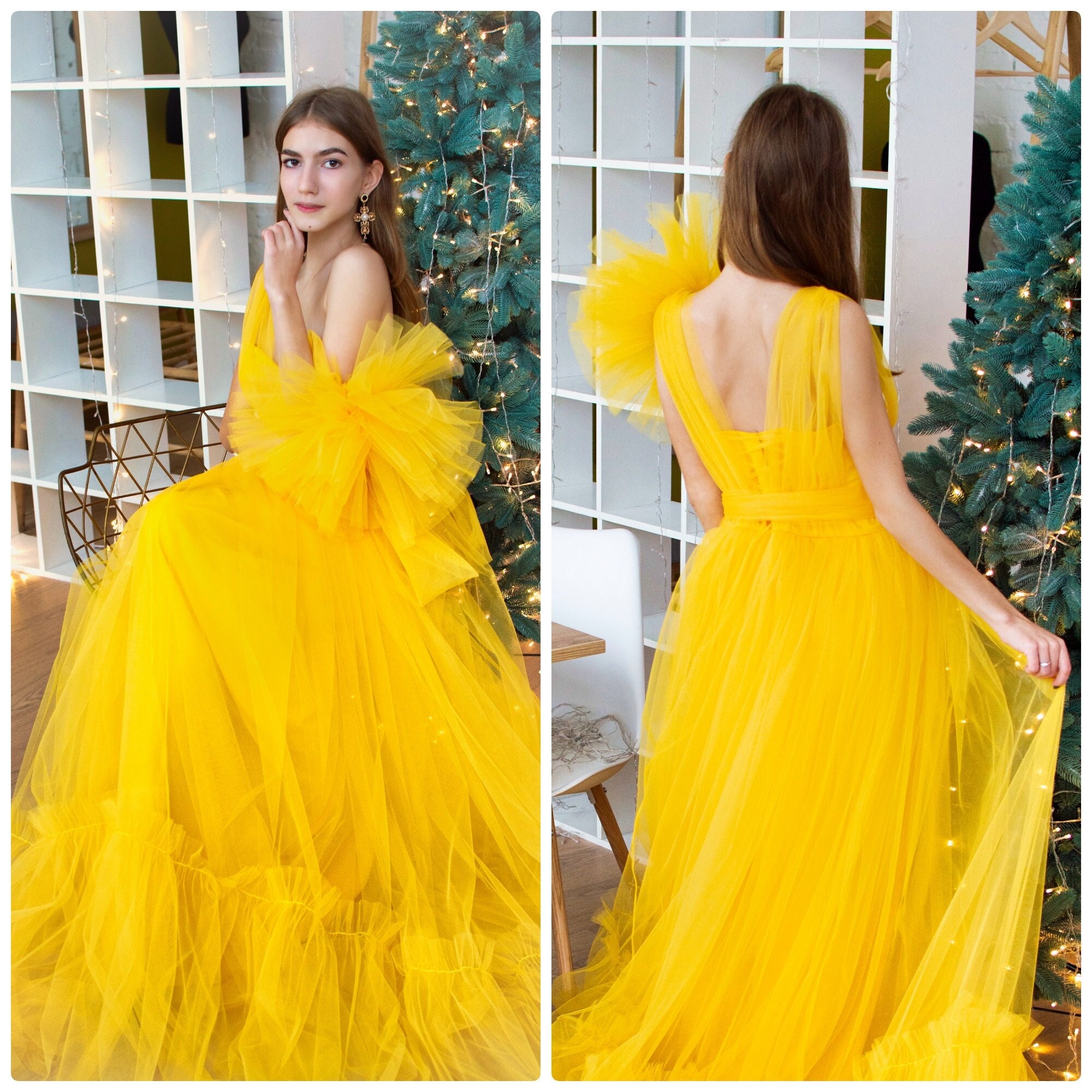 Special Net Strapless Tulle Long Yellow Party Dress with Corset