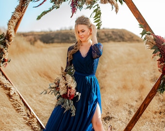 Long Navy Blue Bridesmaid Dress With Sleeves Navy Blue Lace Dress Long Navy  Dress Navy Bridesmaid Dress Prom Navy Dress - Etsy