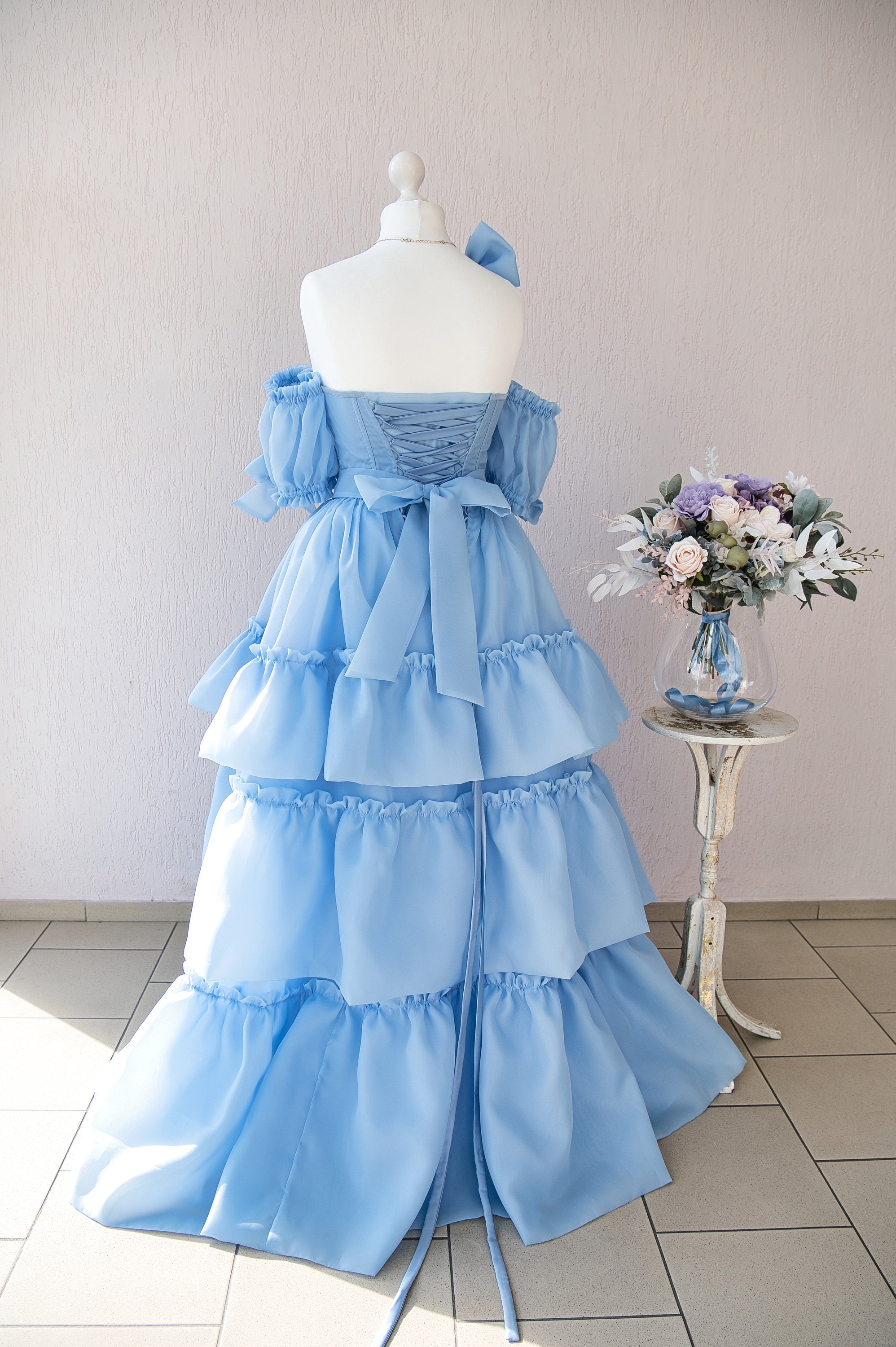 Blue Organza Corset Dress: Ruffle Prom, Sweet 16, Photoshoot