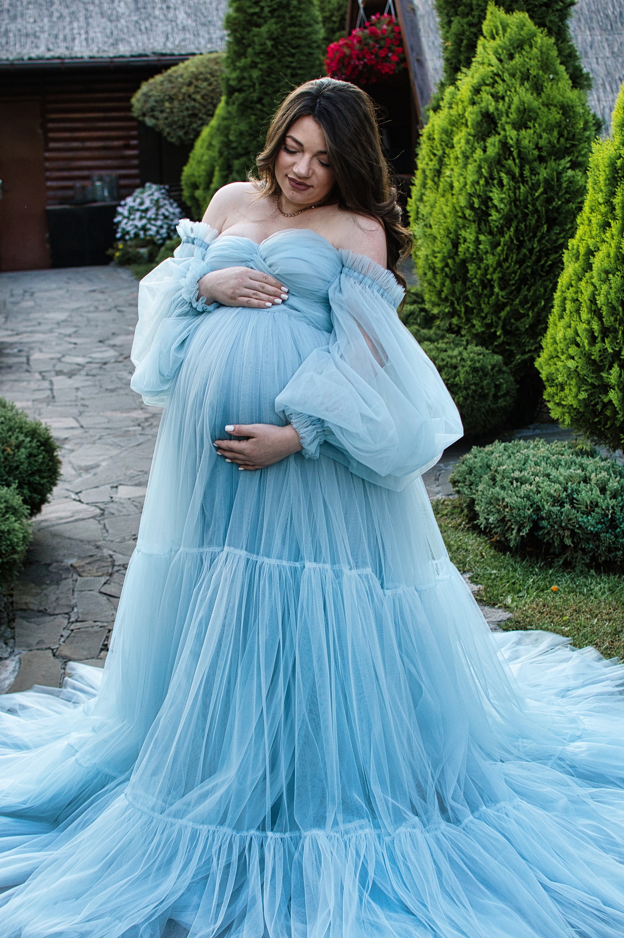 Dusty Blue Tulle Maternity Gown: Elegant Photoshoot Dress