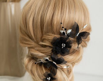 Gothic Black Chiffon Flower Butterfly Hair Pins Set – Romantic Bridal Headpiece, Crystal Wedding Accessories