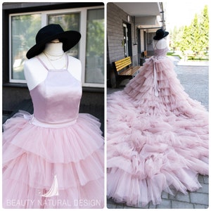 Blush Pink Tulle Photoshoot Dress: Ruffled Gala Gown