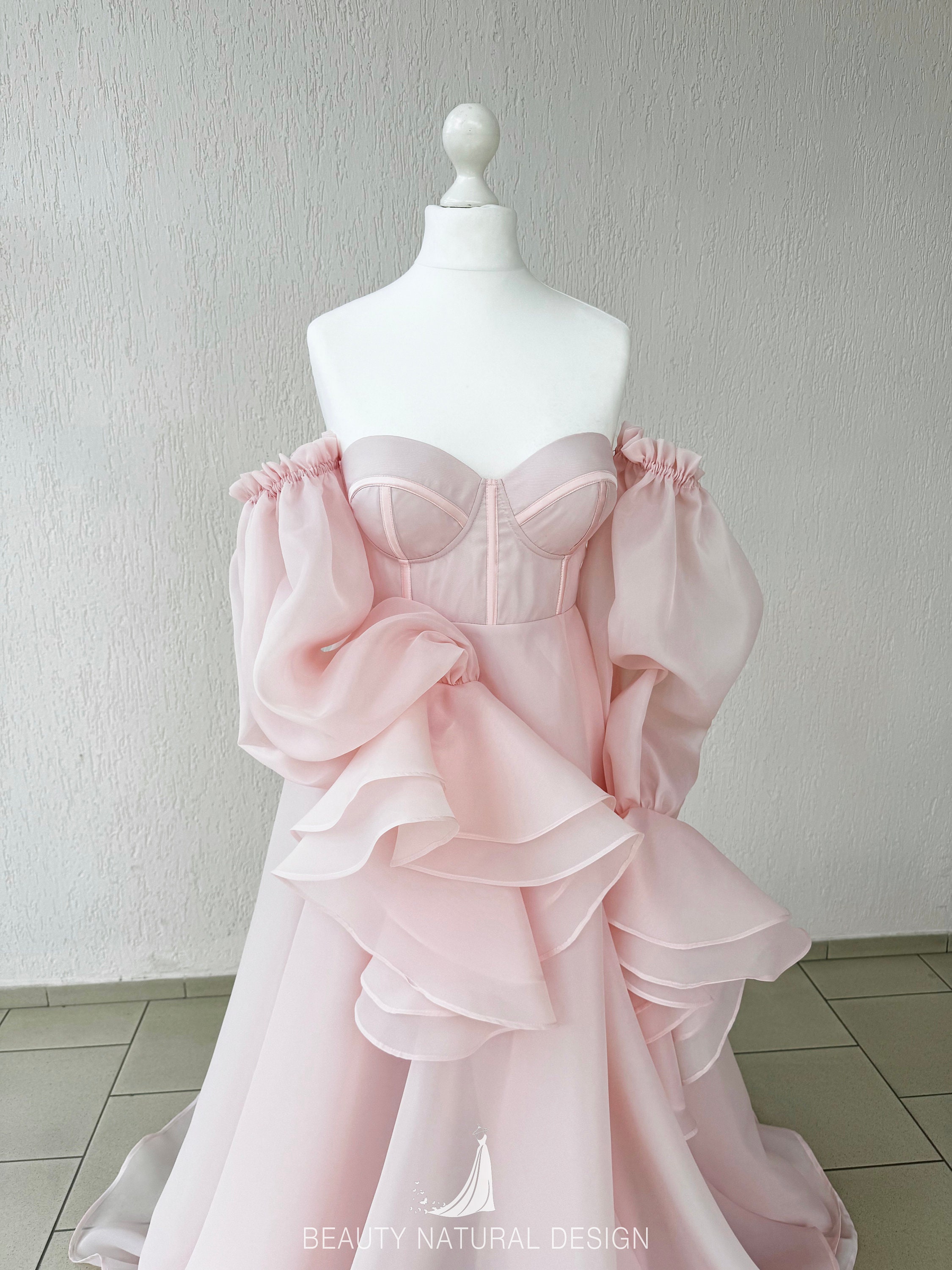 Blush Pink Corset Dress: Off-Shoulder Organza Evening Gown Blush Pink Corset Dress: Off-Shoulder Organza Evening Gown