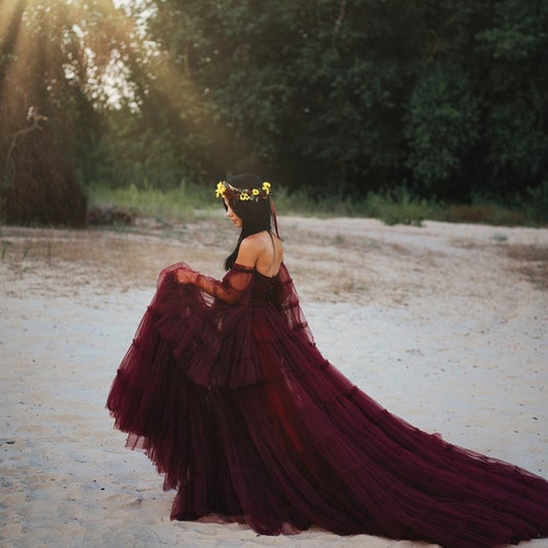 burgundy dress photoshoot Kate Long Sleeve Satin Custom Maternity Photoshoot Gowns