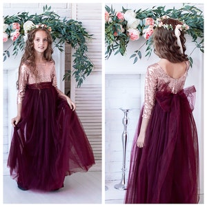 Sequin Flower Girl Dress: Burgundy Tulle, Long Sleeves, Handmade