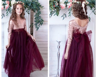 Long sleeve girl dress Burgundy girl dress Marsala girl dress Sequin girl dress Flower girl dress