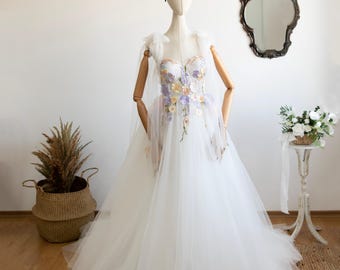 Ivory Wedding Dress Floral Embroidered, Boho Bridal Gown, Rustic Woodland Wedding Dress, Tulle Dress with Train Corset, Unique Fairy Dress