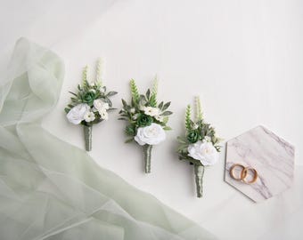 Sage Green Rose Boutonniere - Rustic Wedding Accessories
