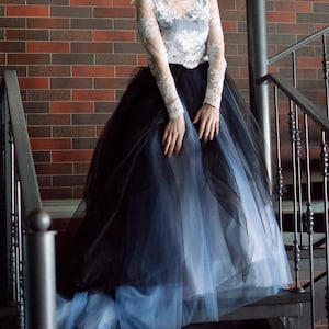 Ombre Wedding Tulle Skirt: Black Bridal Skirt with Train