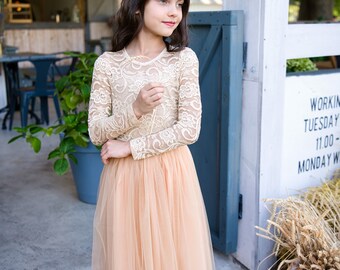 Lace Flower Girl Dress: Long Sleeve Beige Tulle Gown