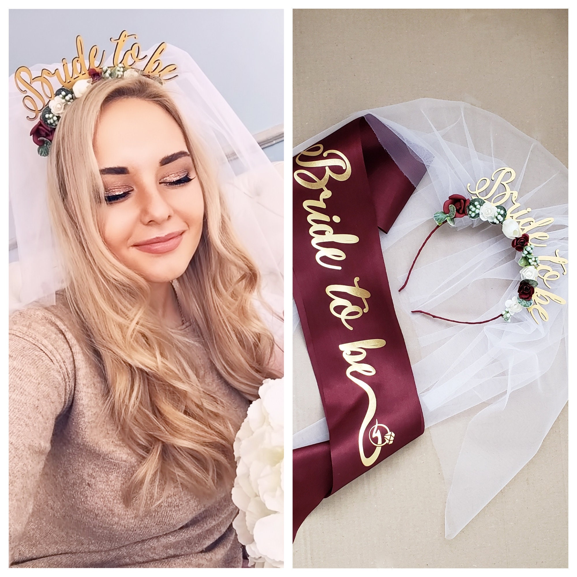 Aukmla Bride To Be Headband with Veil White Bachelorette Party Bridal Crown  Shower Veils for Women and Girls (Gold)