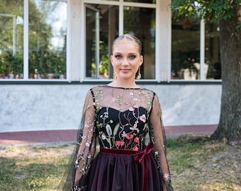 Black & Burgundy Ombre Tulle Wedding Dress: Embroidered Corset, Velvet Belt