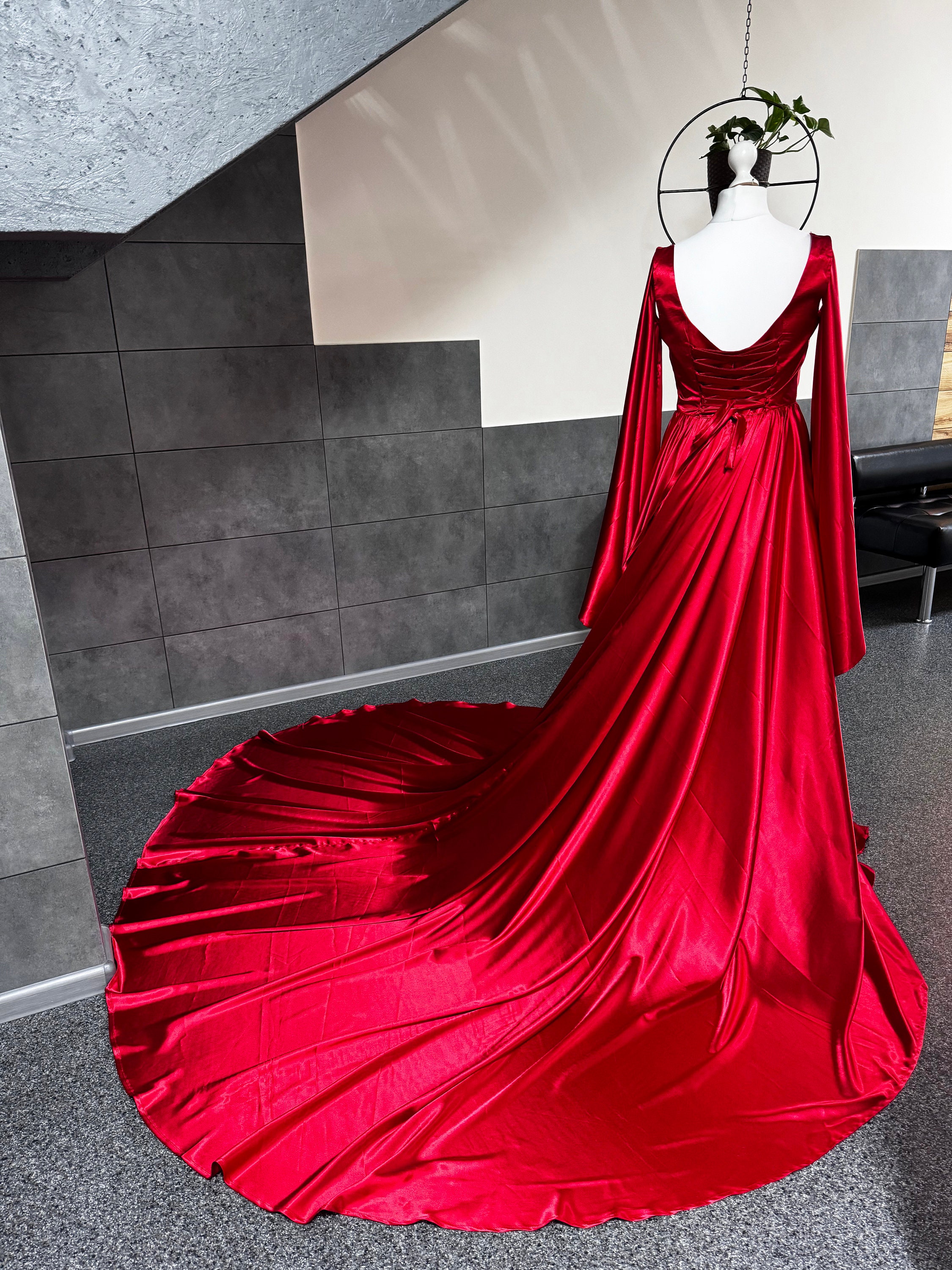 red satin maxi dress long sleeve ASOS Long Sleeve Satin Maxi Dress With Full Skirt And Godets in Red
