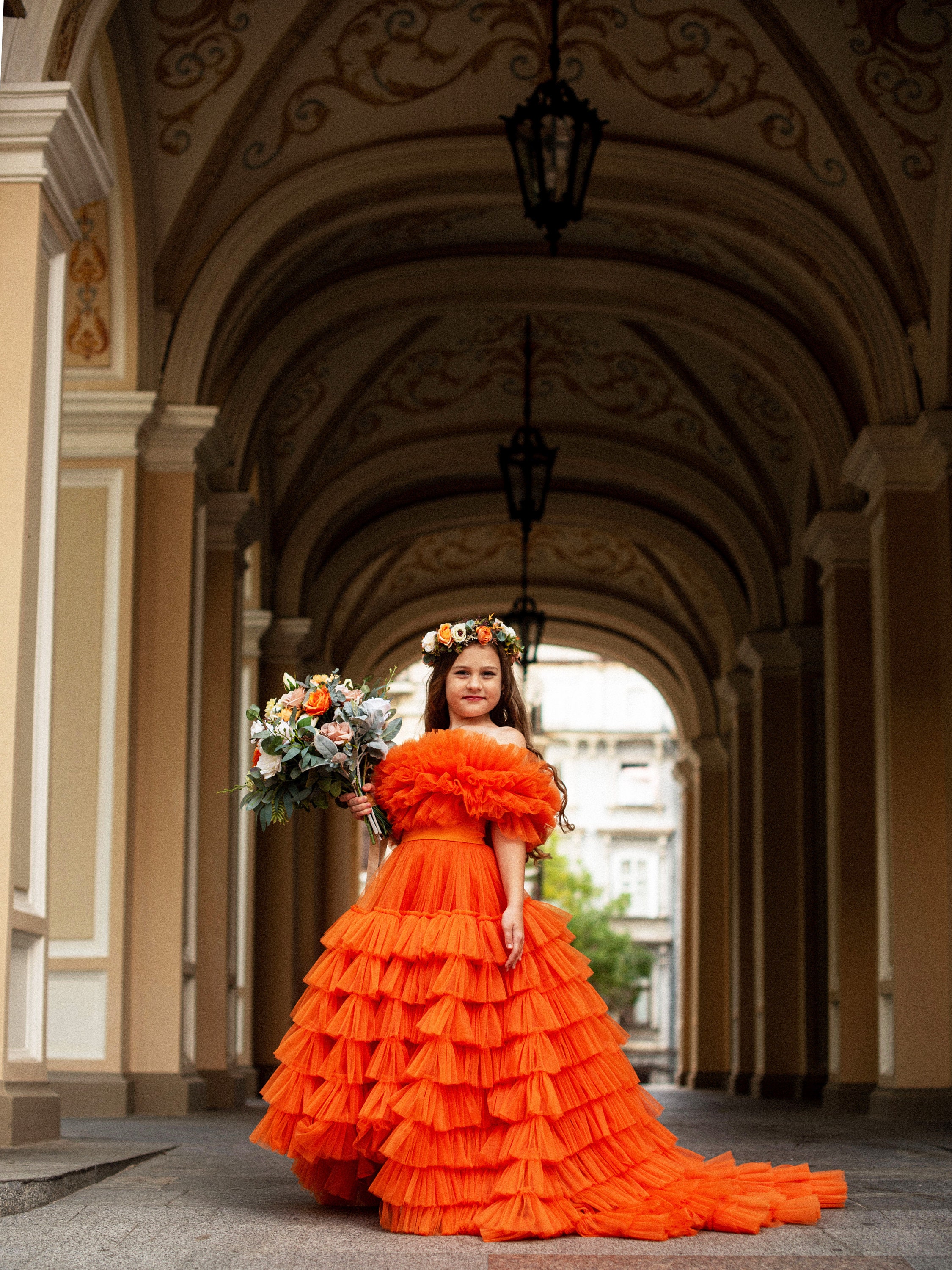 open lace back dress Orange Long Ruffle Dress – Poeta main image 0
