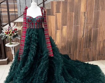 Christmas Tulle Dress: Red Plaid Corset, Emerald Green Gown