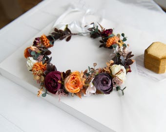 Boho Rust Terracotta Flower Crown, Burgundy Burnt Orange Headpiece, Fall Bridal Wreath