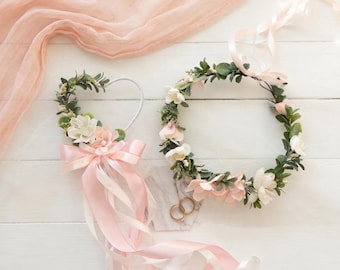 Blush Flower Girl Crown and Wand Set Dusty Pink Floral Headpiece Wedding Flower Wand Boho Bridal Halo Ivory Peach Rose Wreath Maid of Honor