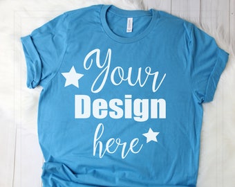 Download Free Bella Canvas Aqua T Shirt MockUp Shirt Women Unisex Jersey Short Sleeve flatlay photography vinyl shirts Mockups Product Background Fashion PSD Template