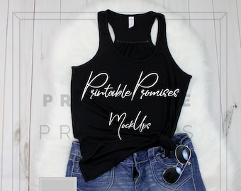 Bella Canvas 8800 Ladies Flowy Racerback Tank in Black, Outfit Tank Top Mock Ups, Racerback Tank Top, Shirt Shorts Sunglasses Photo, Mockups