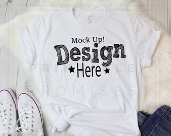 Download Free Bella Canvas Unisex T-shirt Mockup, 3001 White T-Shirt Mockup, Mock Up, T Shirt MockUp, Flat Lay Mockup, Outfit Wood Background PSD Template