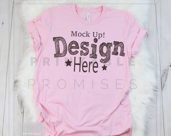 Women Pink T Shirt Mockup Bella Canvas 3001 Pink Short Sleeve Shirt Apparel Mockup Flat Lay Mock Ups Vinyl Shirt Display Wood Background All Free Mockups