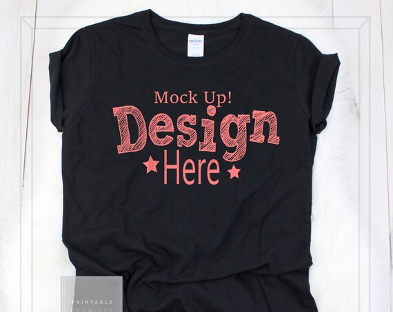 Download Free Gildan Ladies 500l Black T-Shirt PSD Mockup Template ...