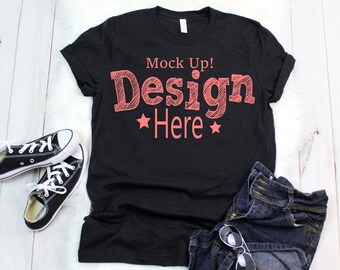 Bella Canvas 3001 Black Heather T Shirt Mockup Mock Up Shirt Mockup Women T Shirt Mockup Stock Photo Outfit Mockup Flatlay Mockup Metal Logo Mockups