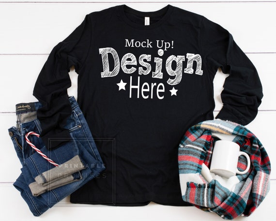 Christmas Black Long Sleeve Shirt Mockup Bella Canvas 3501