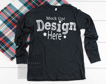 Download Bella Canvas 3501 Black Heather Long Sleeve Shirt Mockup Flatlay Photo Style Stock Photography Mockups Shirt Mockup Best Free Packaging Mockups Template PSD Mockup Templates