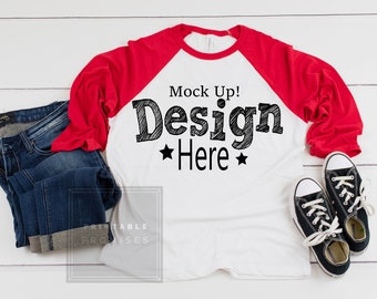 Download Bella Canvas 3200 White Red Raglan Mockup Raglan T Shirt Mockup Shirt Flat Lay Raglan Mock Up Top View Shirt Photo Best Free Packaging Mockups Template PSD Mockup Templates