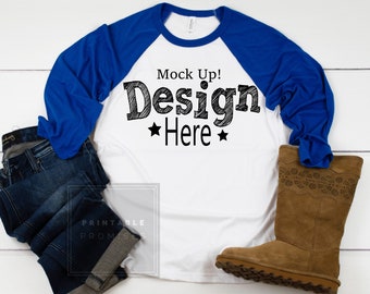 Download Free Bella Canvas 3200 White True Royal Raglan Mockup Raglan T-shirt Mockup Shirt Flat Lay Raglan Mock up Top View Shirt Photo PSD Template