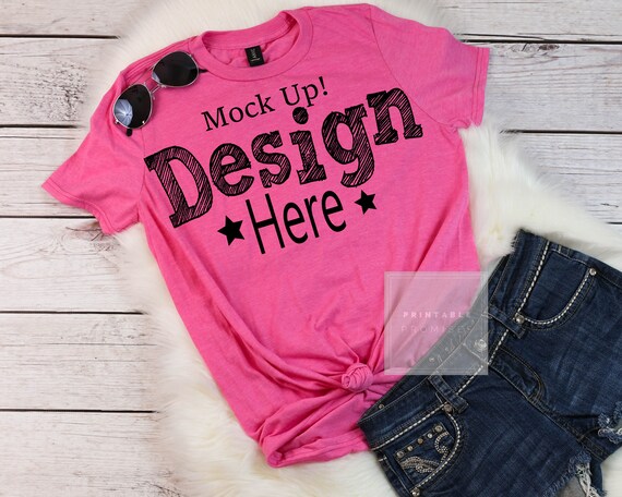 Anvil Unisex 980 Heather Hot Pink Shirt Mockup Flatlay Anvil Unisex 980 Heather Hot Pink Shirt Mockup Flatlay