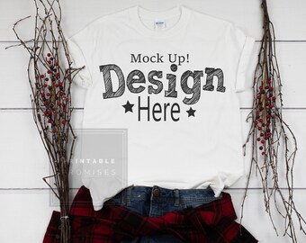 Download Free Gildan White Shirt Mock-Up Christmas Plaid Shirt Mock Up Flatlay Product Display For SVG JPEG Download PSD Template